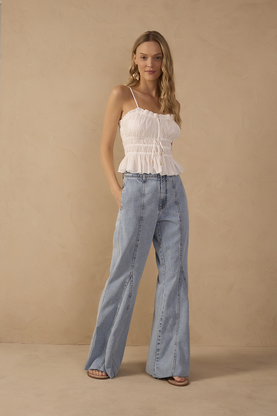 Denim Seam Details Pockets Wide-Leg Pants