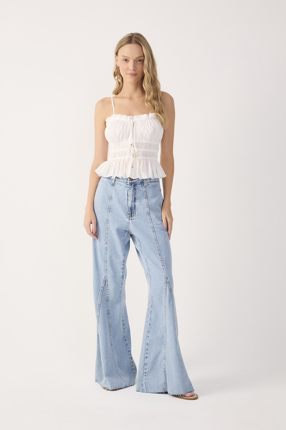 Denim Seam Details Pockets Wide-Leg Pants