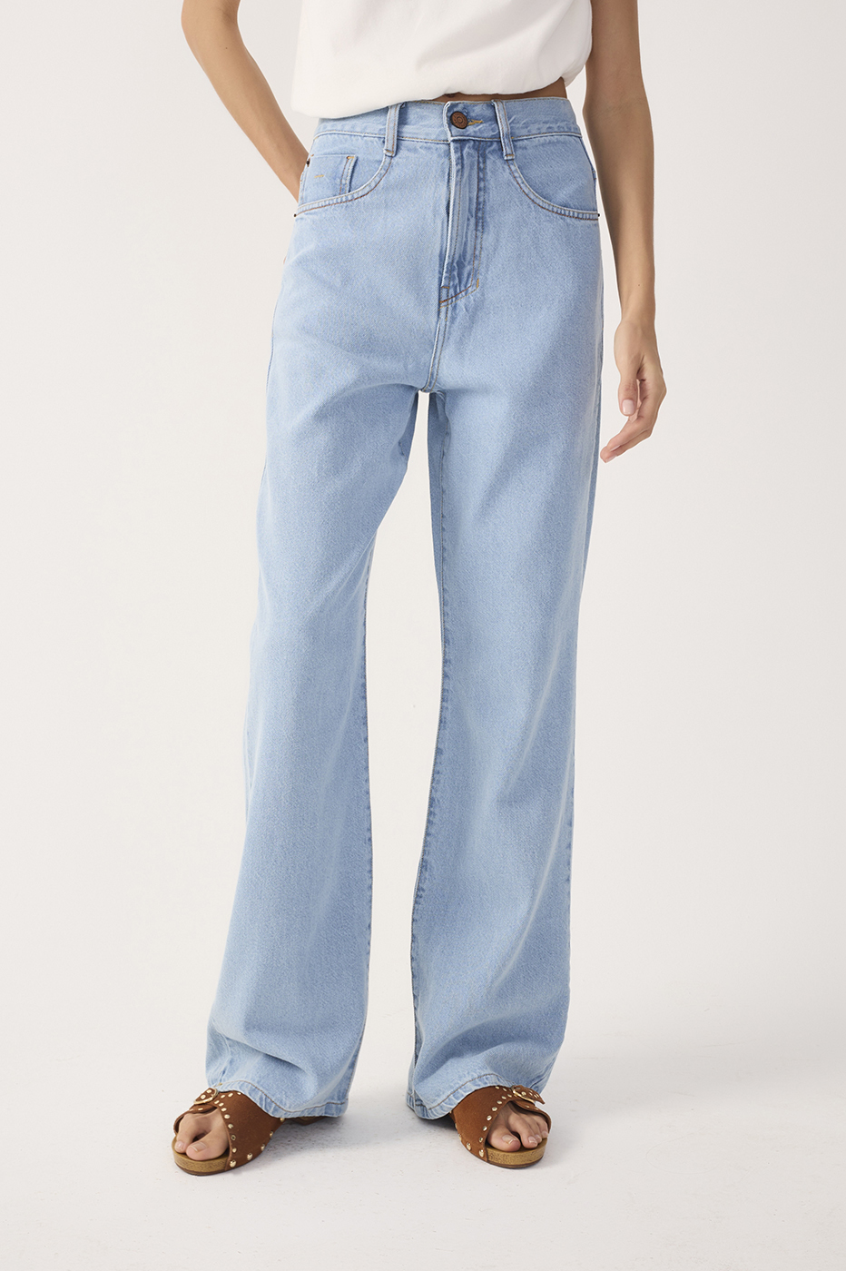 Light Denim Belt Loops Pockets Flare Pants