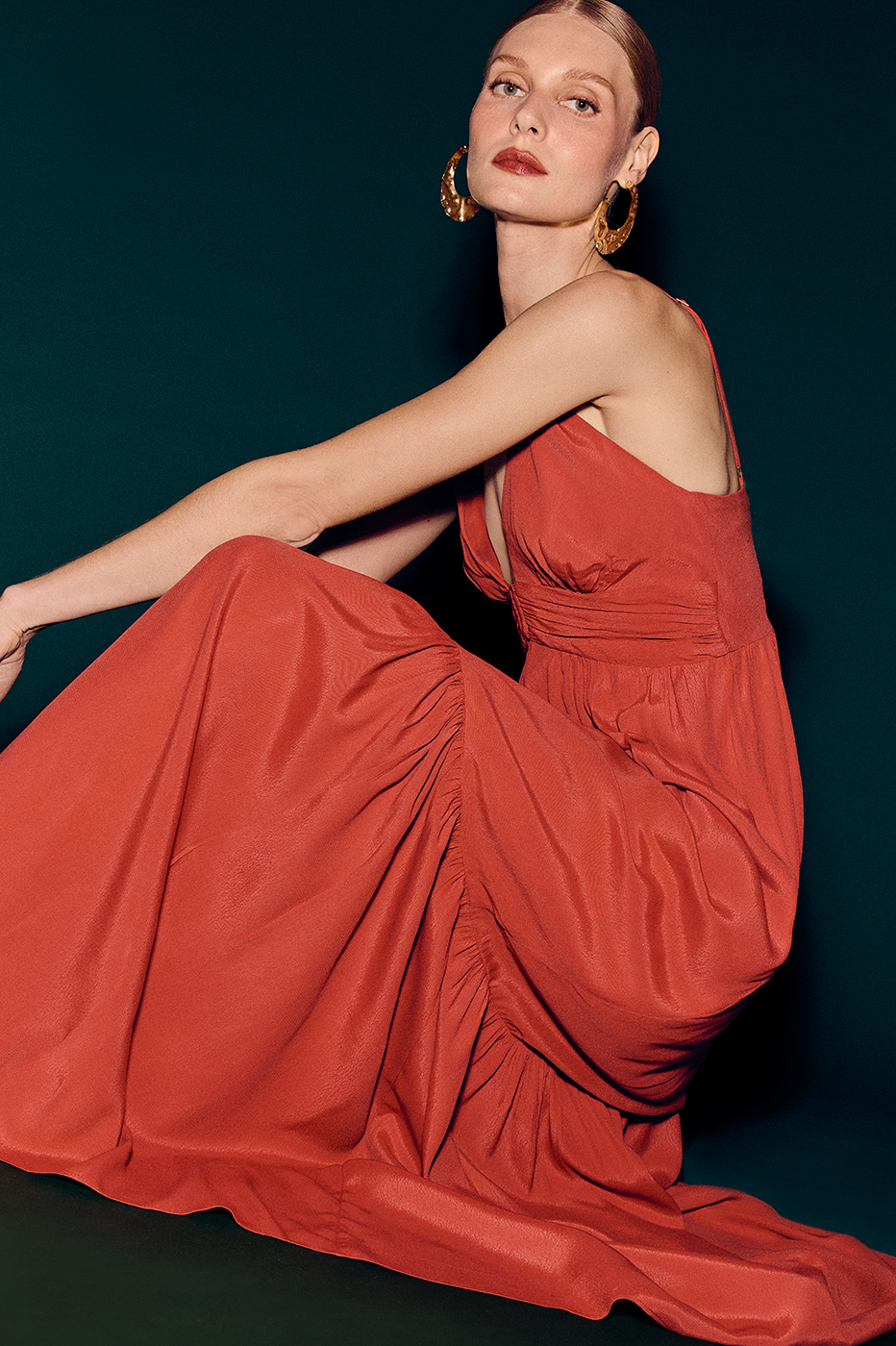 Red Tiered Sleeveless Crepe Maxi Dress