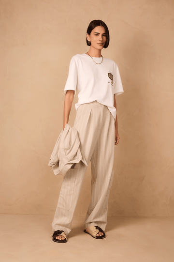 Beige Stripes Leg Pockets Tailored Pants
