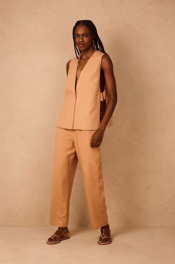 Beige Side Pockets Carrot Linen Pants