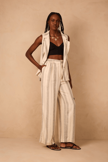 Sand Stripes Elastic Waist Side Pockets Linen Pants
