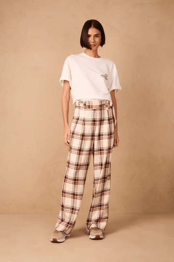 Brown Plaid Buckled Waist Side Pockets Pants