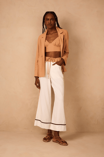 Off-White Drawstring Waist Colorful Trim Linen Pants