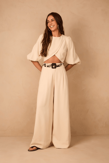Off-White Elastic Waist Side Pockets Wide-Leg Linen Pants