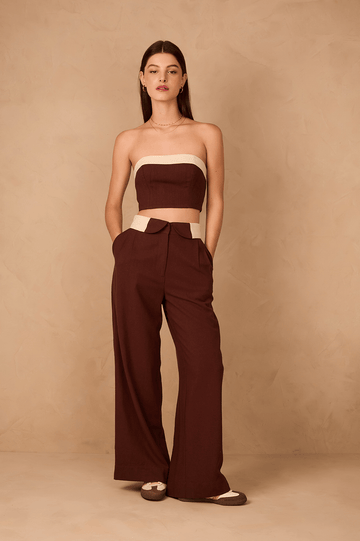 Brown And Off-White Flipped Waistline Side Pockets Linen Pants