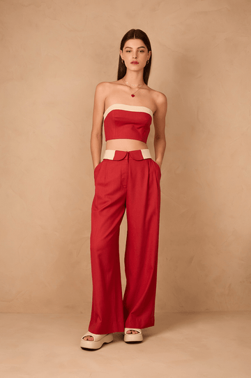 Brown And Off-White Flipped Waistline Side Pockets Linen Pants