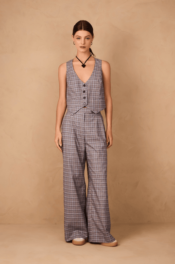 Grey Plaid Side Pockets Tailored Pants