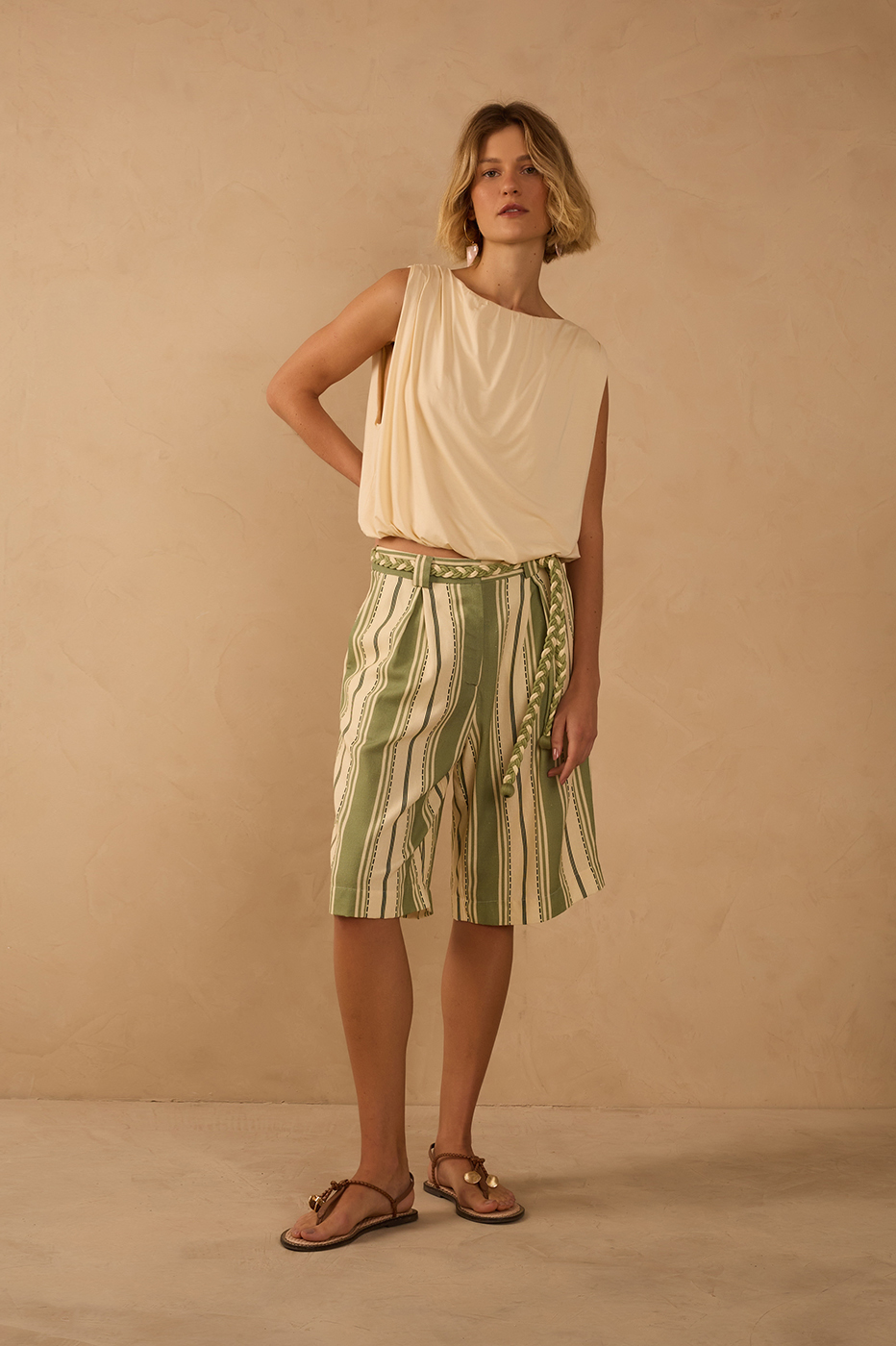 Green Descanso Stripes Linen Bermuda Shorts