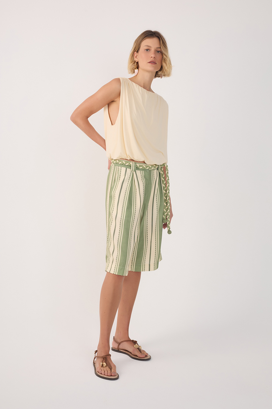 Green Descanso Stripes Linen Bermuda Shorts