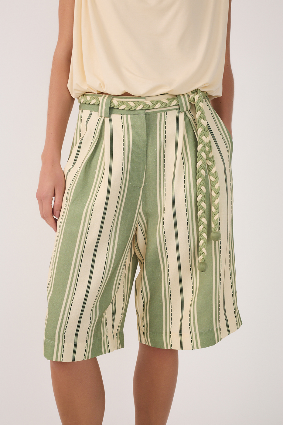 Green Descanso Stripes Linen Bermuda Shorts