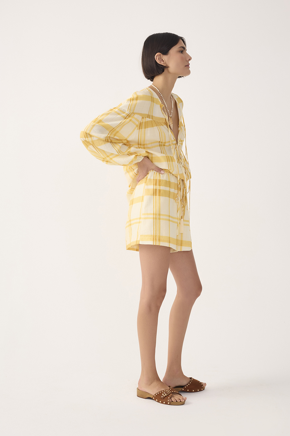 Yellow Frescor Plaid Drawstring Shorts