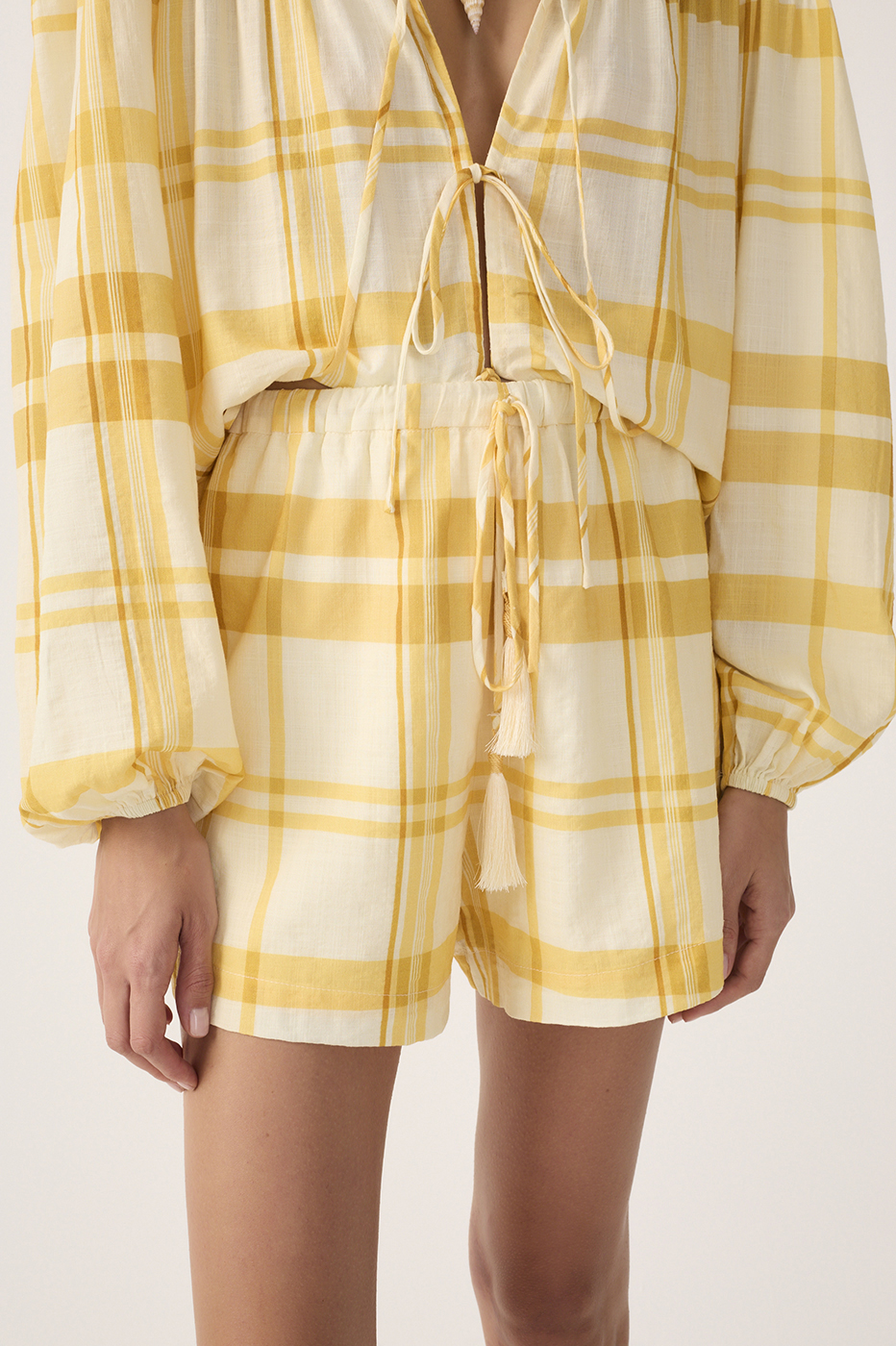Yellow Frescor Plaid Drawstring Shorts