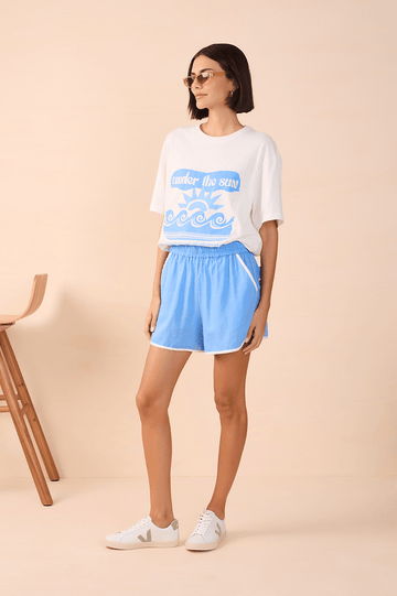 Blue Elastic Waist Shorts with Contrast Piping