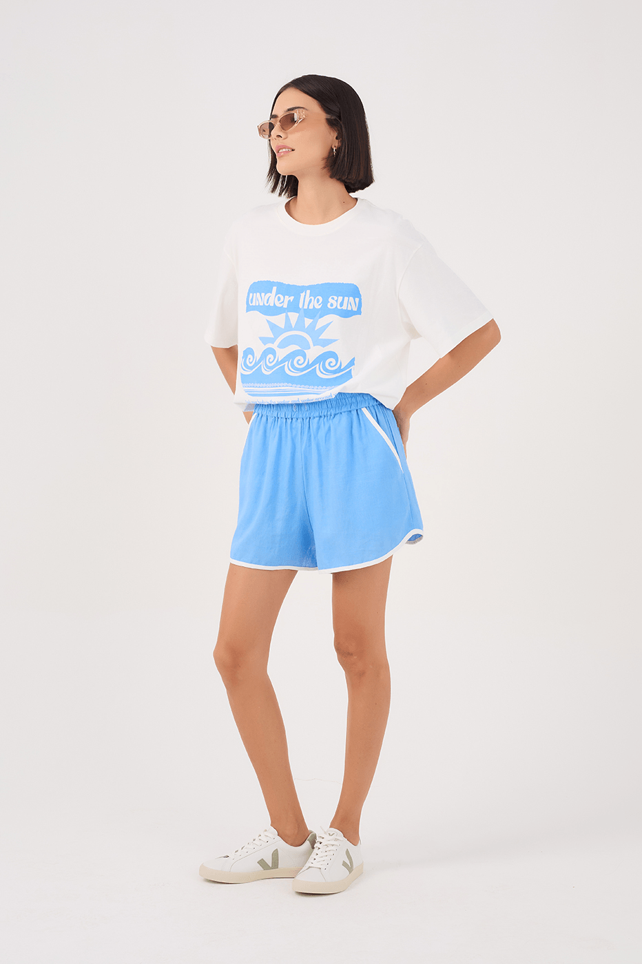 Blue Elastic Waist Shorts with Contrast Piping
