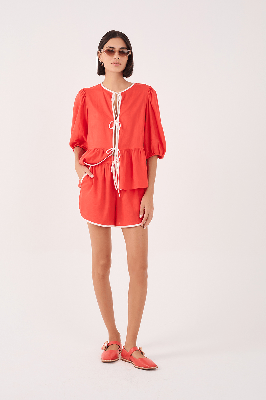 Red Elastic Waist Shorts with Contrast Piping