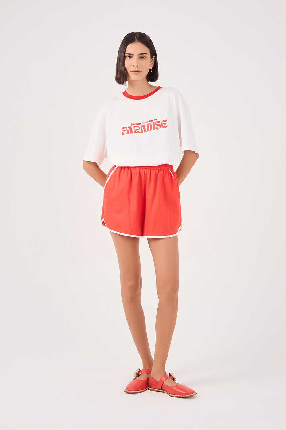 Red Elastic Waist Shorts with Contrast Piping
