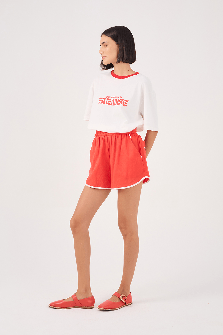 Red Elastic Waist Shorts with Contrast Piping