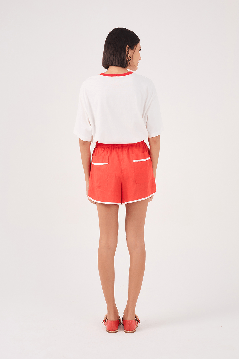 Red Elastic Waist Shorts with Contrast Piping