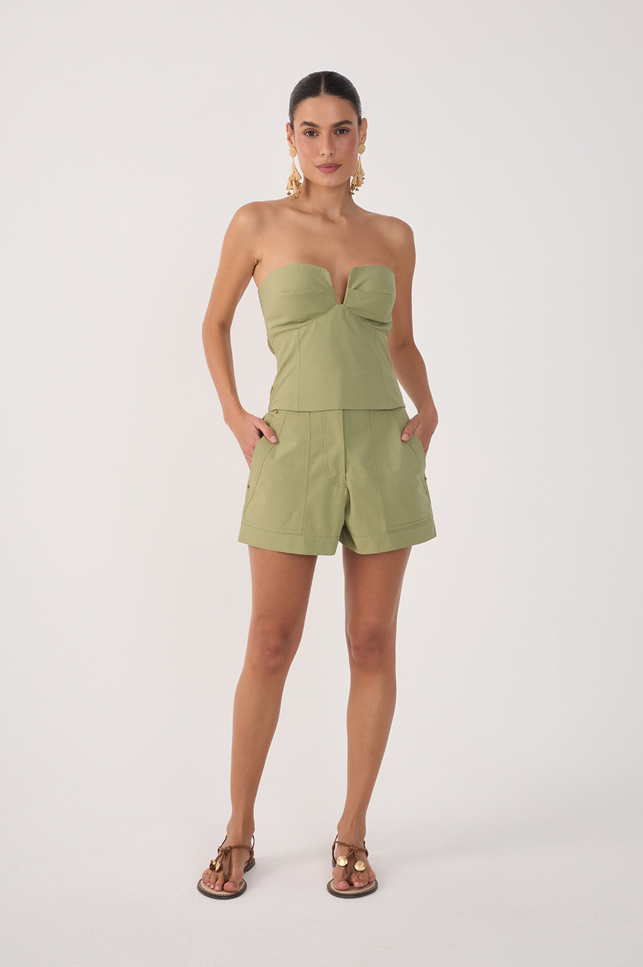 Green Utility Pockets Cotton Shorts