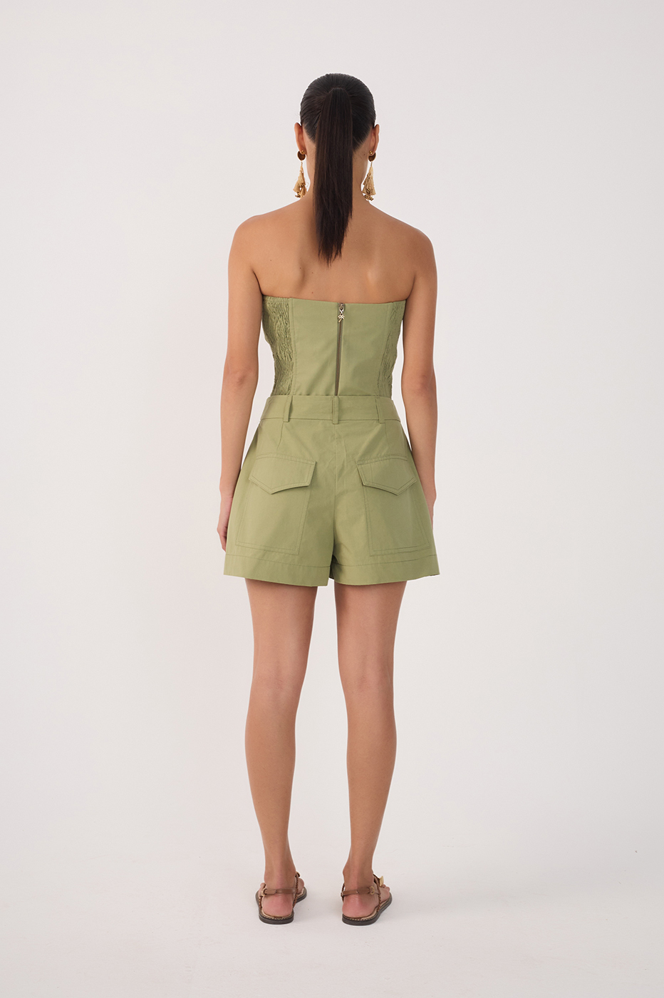 Green Utility Pockets Cotton Shorts