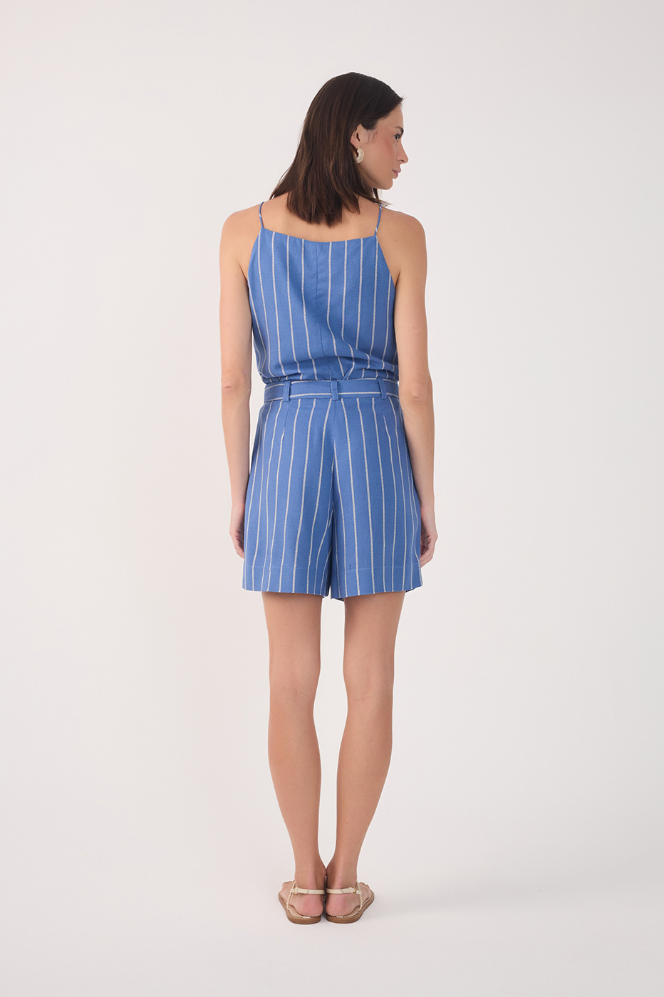 Blue Stripes Belt Loops Linen Shorts