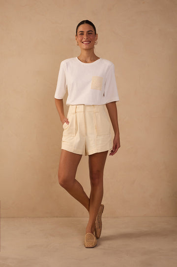 Beige Concha  Belt Loops Linen Shorts