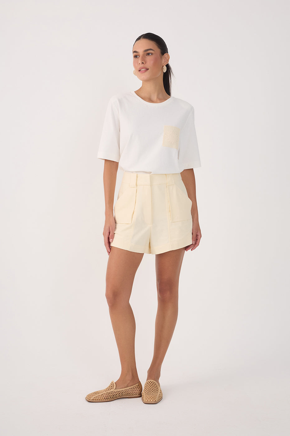 Beige Concha  Belt Loops Linen Shorts
