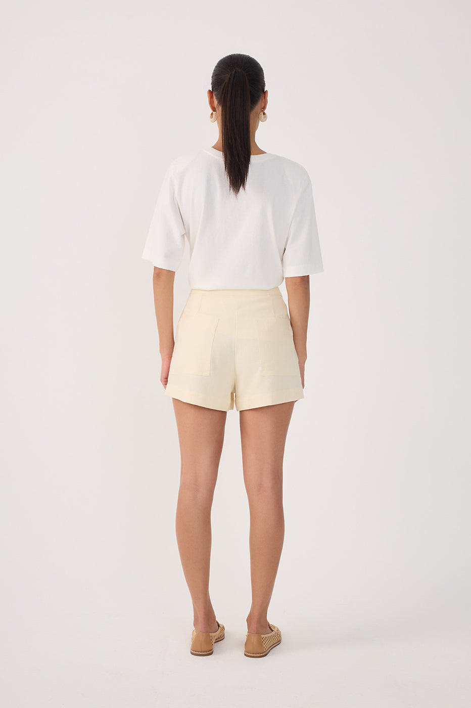 Beige Concha  Belt Loops Linen Shorts