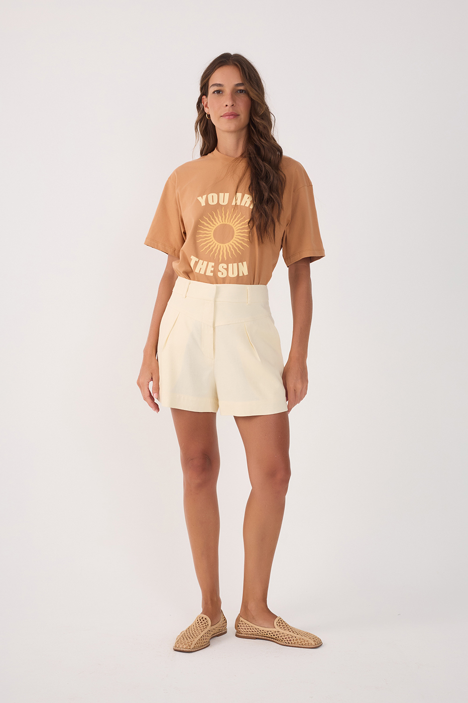 Beige Pockets Belt Loops Linen Shorts