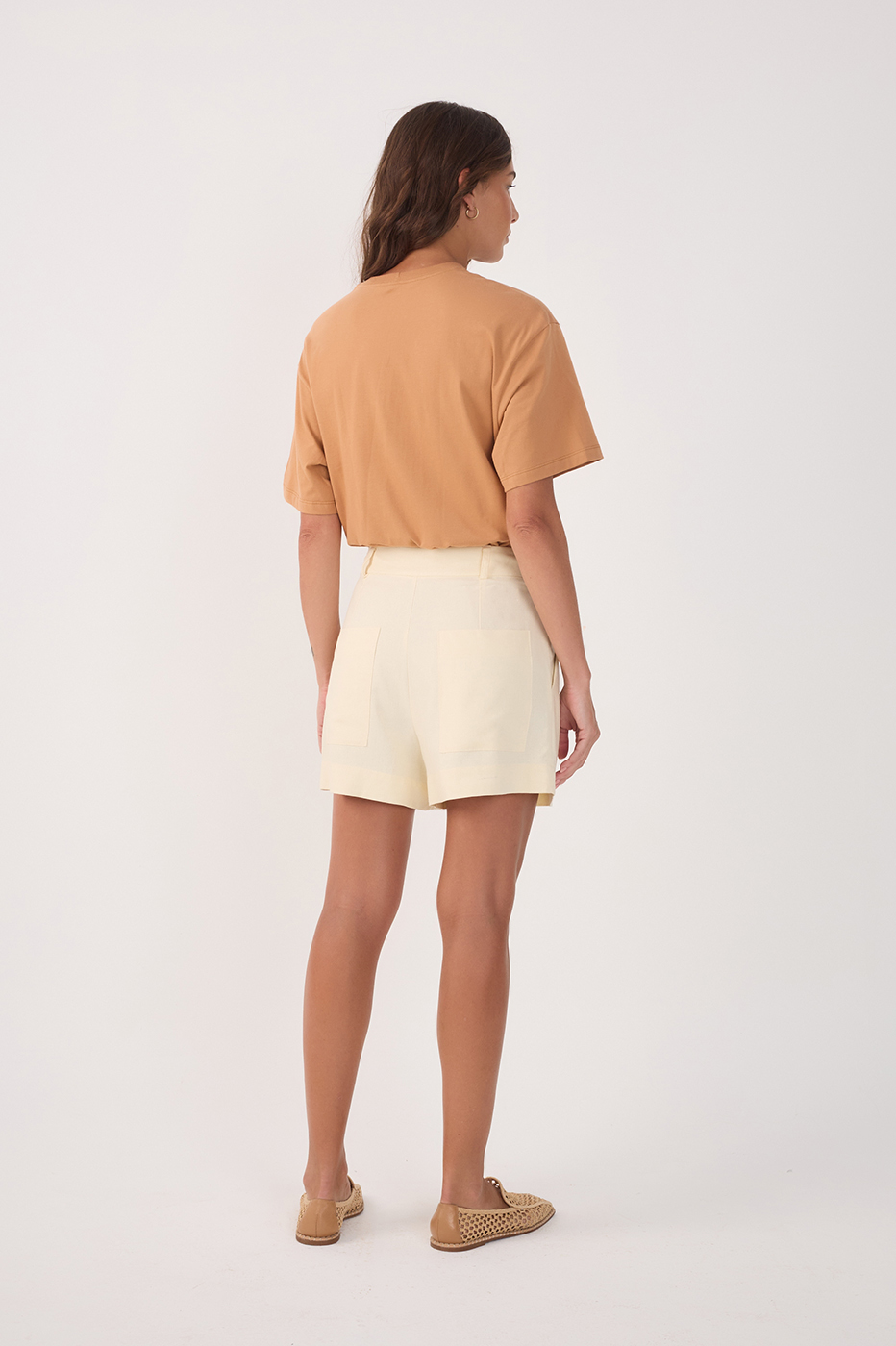 Beige Pockets Belt Loops Linen Shorts