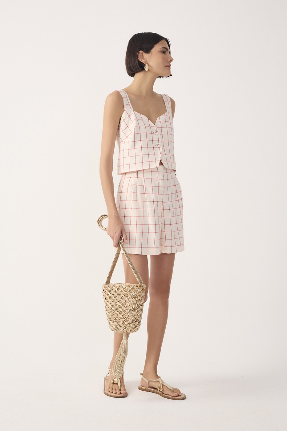 Off-White Plaid Pleated Linen Shorts
