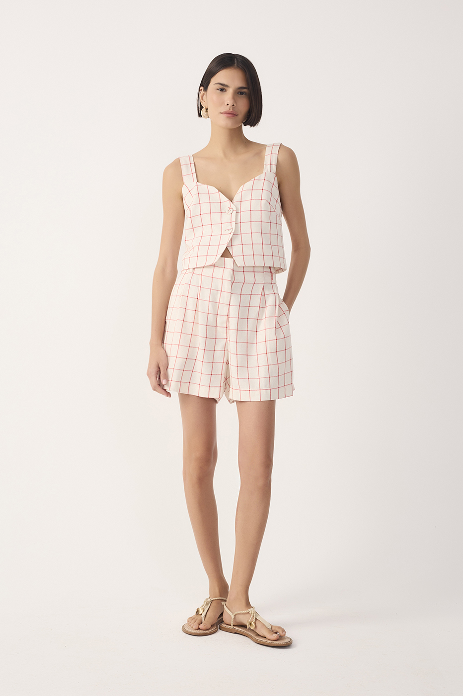 Off-White Plaid Pleated Linen Shorts