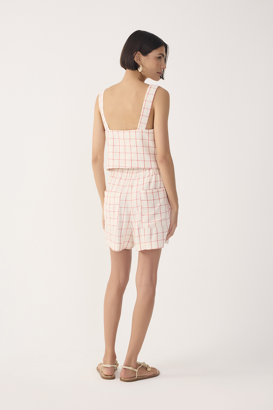 Off-White Plaid Pleated Linen Shorts