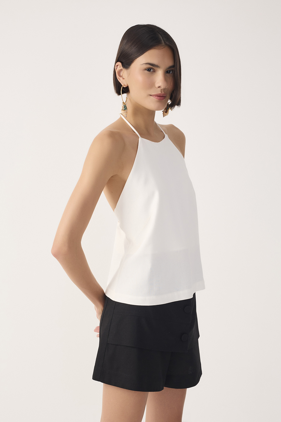 Black Flap Waist Buttoned Pockets Linen Shorts
