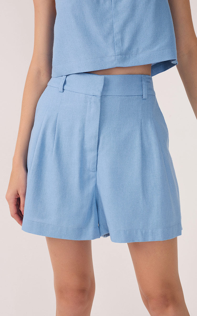 Blue Poesia Pleats Pockets Linen Shorts