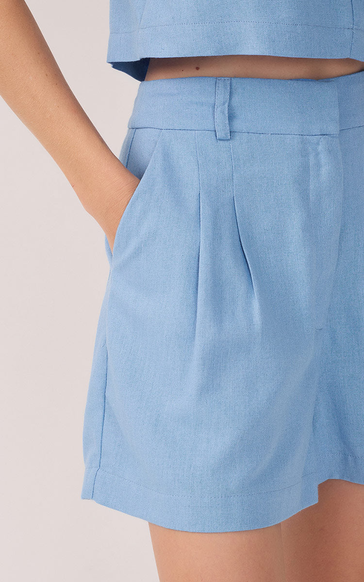 Blue Poesia Pleats Pockets Linen Shorts