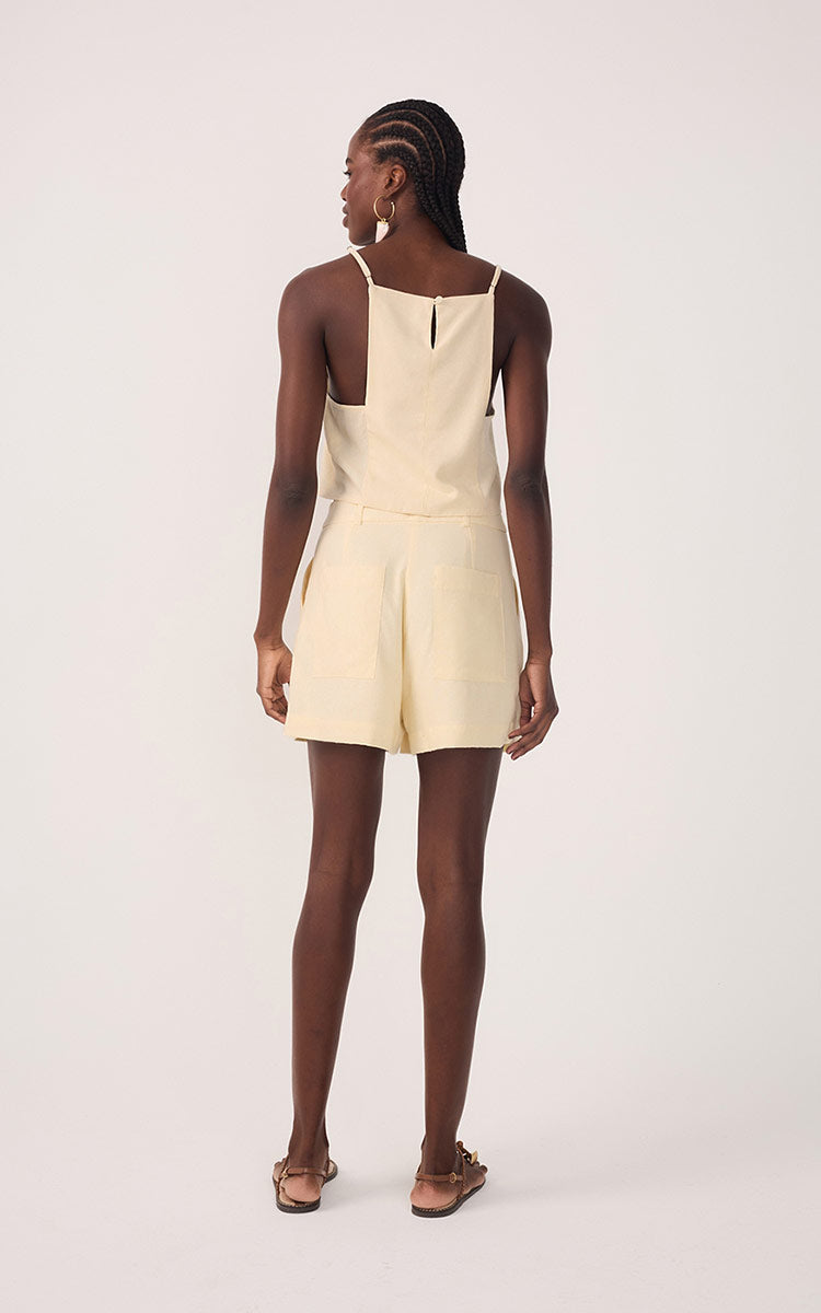 Beige Concha Pleats Pockets Linen Shorts
