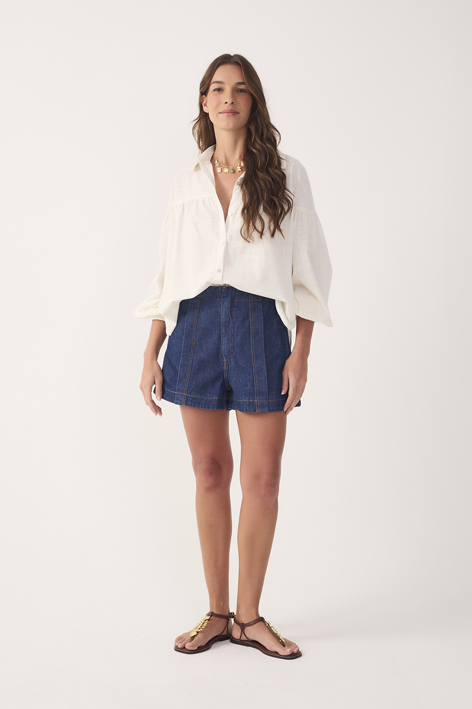 Denim Topstitching Shorts