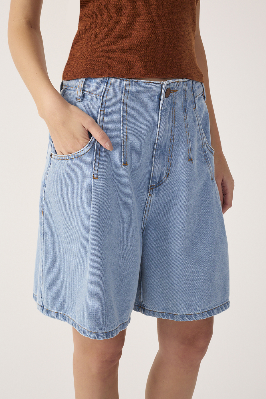 Denim Pleated Bermuda Shorts