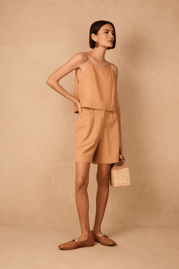 Beige Leme Buttoned Waist Side Pockets Bermuda Shorts
