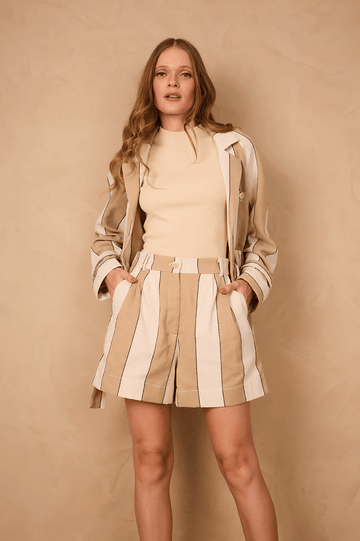 Beige Stripes Side Pockets Elastic Waist Linen Bermuda Shorts