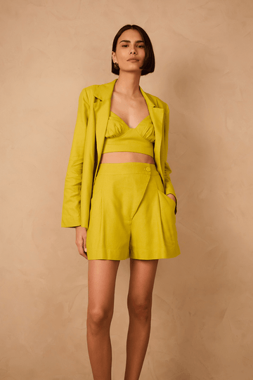 Green Urca Asymmetric Side Pockets Linen Shorts