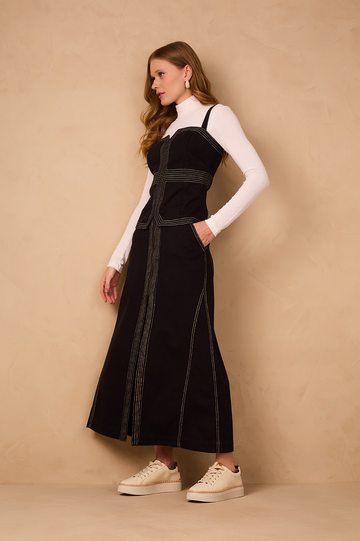 Black Front Slit Pockets Twill Maxi Skirt