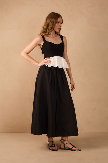 Black Elastic Waist Pockets Wide Maxi Skirt