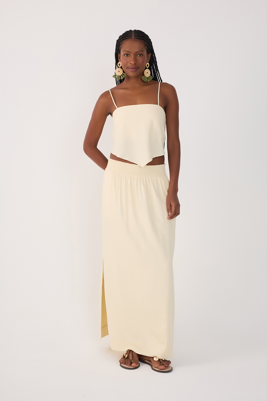Linen Midi Smocked Waist Skirt