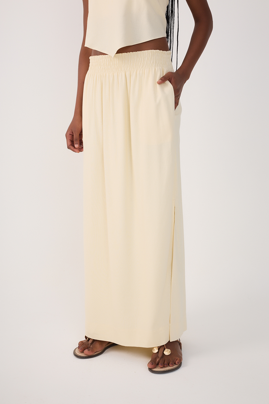 Linen Midi Smocked Waist Skirt