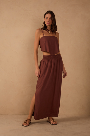 Linen Midi Smocked Waist Skirt