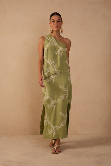 Green Embroidered Side Slits Maxi Skirt